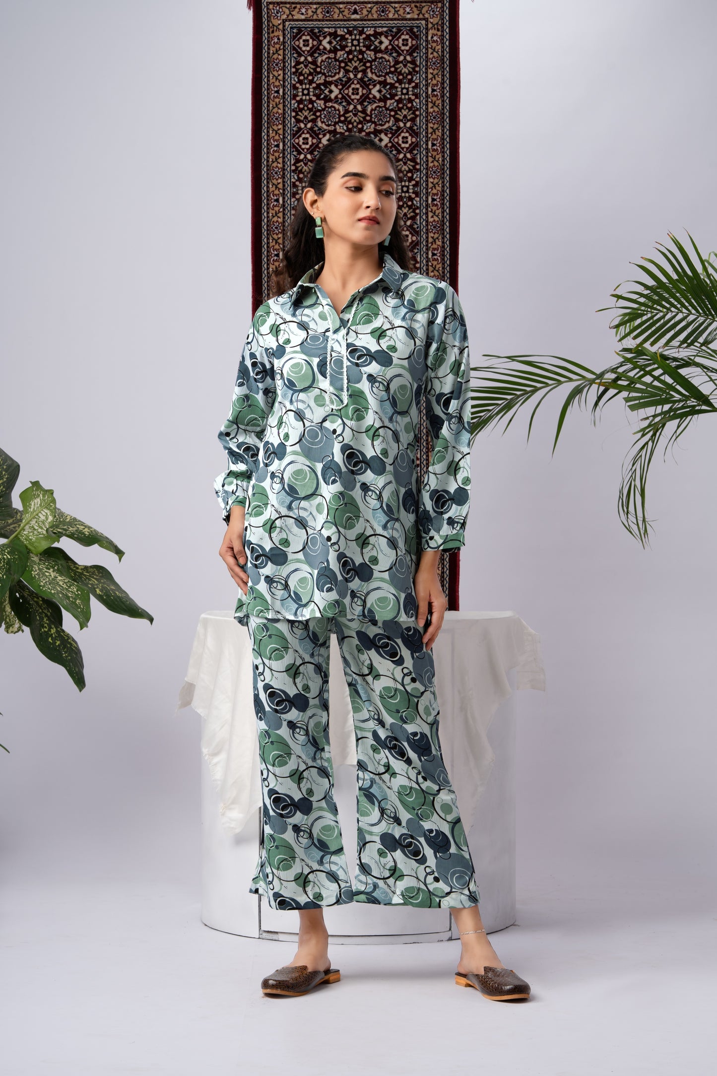 Grey Geometric Print Silk Blend Co-Ord Set