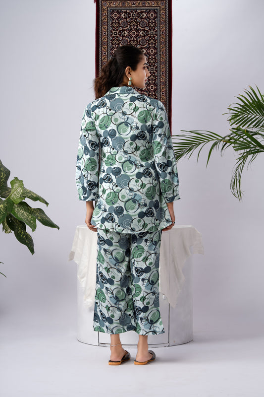 Grey Geometric Print Silk Blend Co-Ord Set