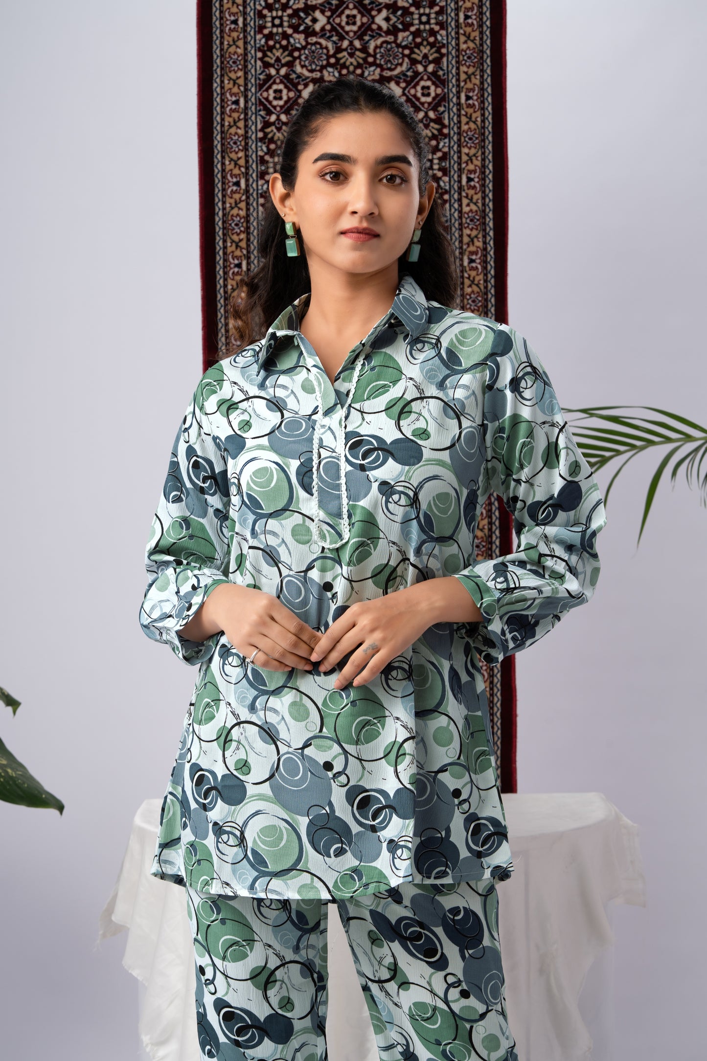 Grey Geometric Print Silk Blend Co-Ord Set