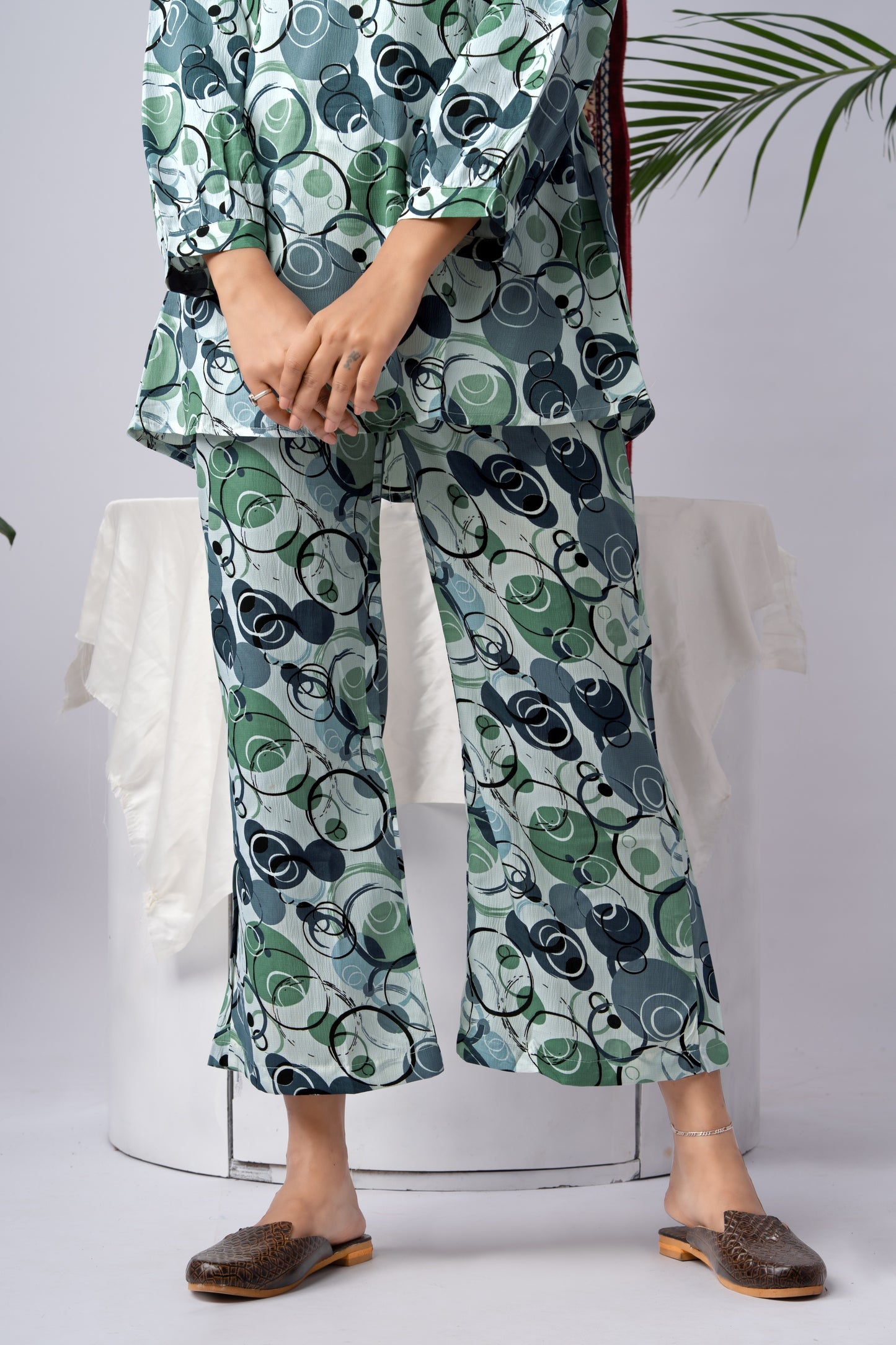 Grey Geometric Print Silk Blend Co-Ord Set