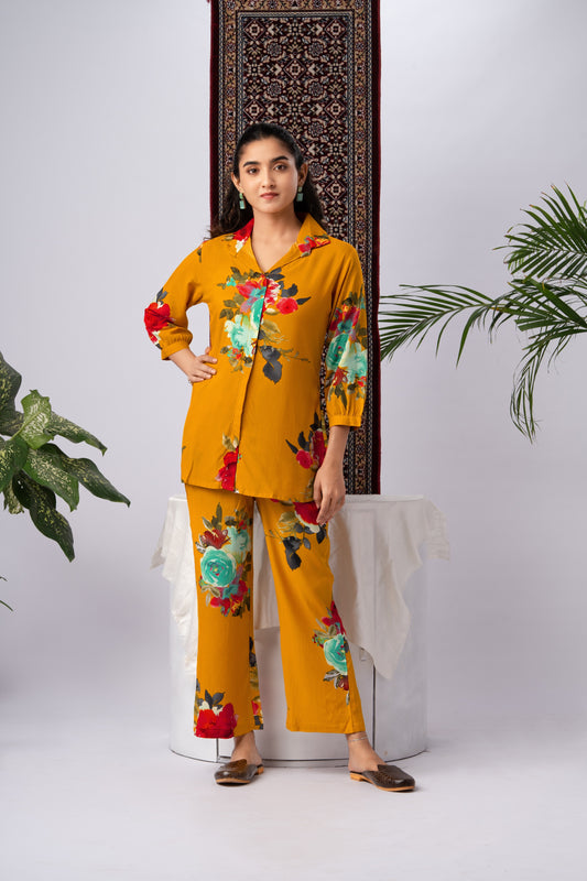 Mustard Yellow Floral Print Silk Blend Co-Ord Set