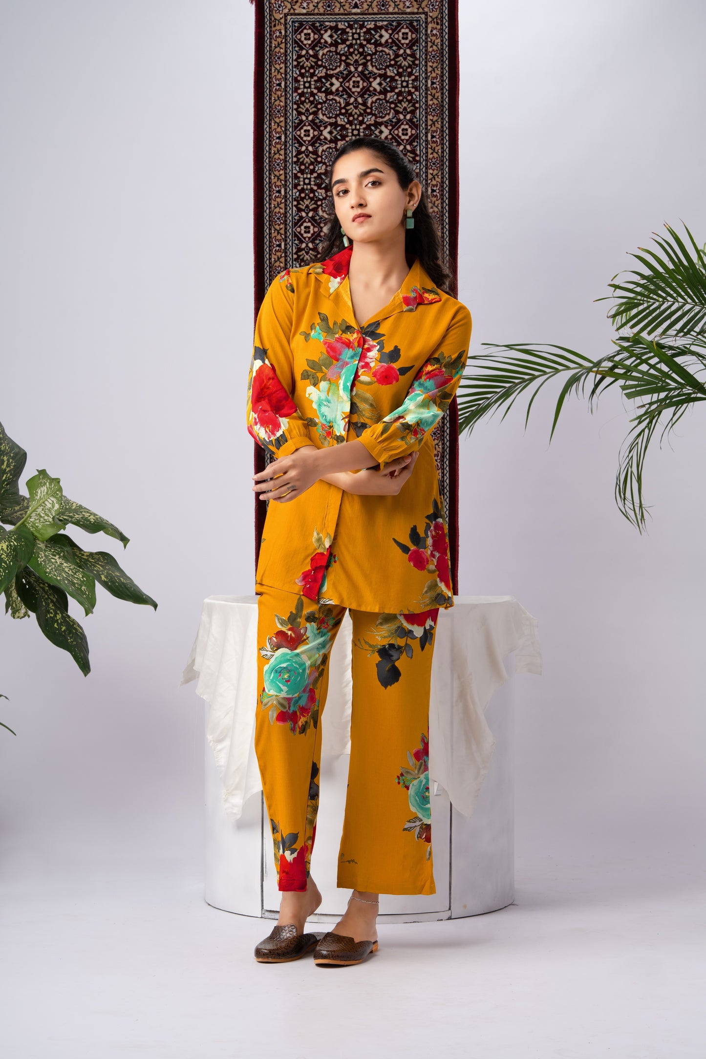 Mustard Yellow Floral Print Silk Blend Co-Ord Set