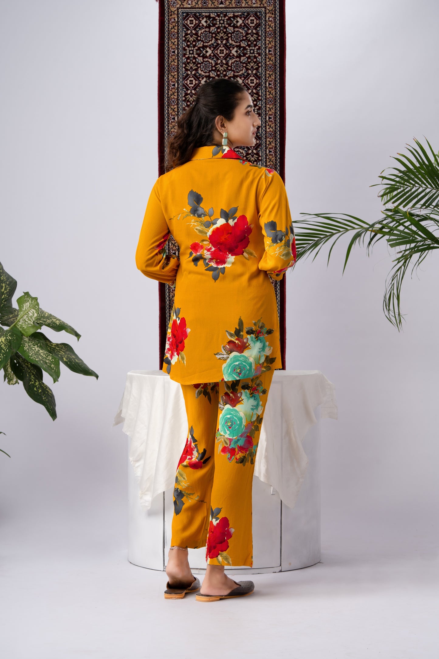 Mustard Yellow Floral Print Silk Blend Co-Ord Set