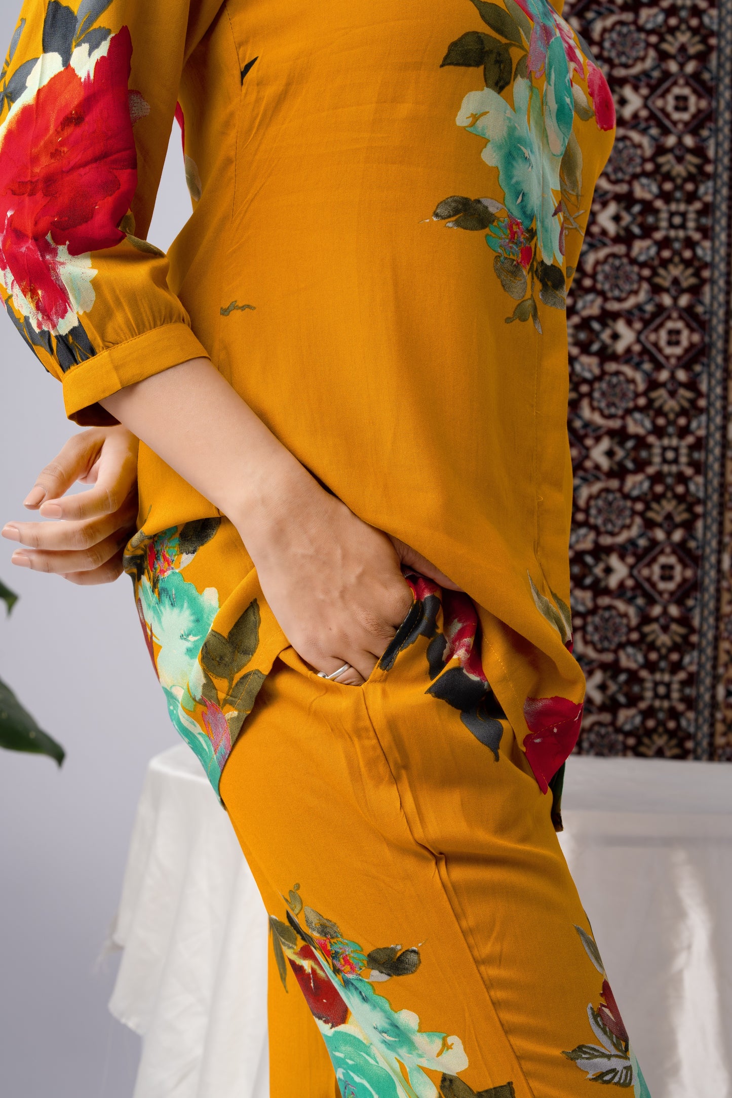 Mustard Yellow Floral Print Silk Blend Co-Ord Set