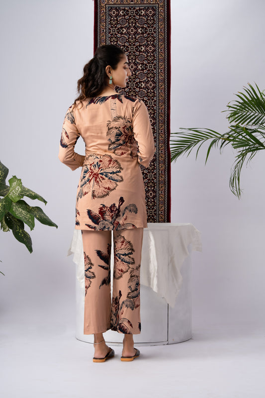 Beige & Maroon Abstract Floral Pure Silk Co-Ord Set