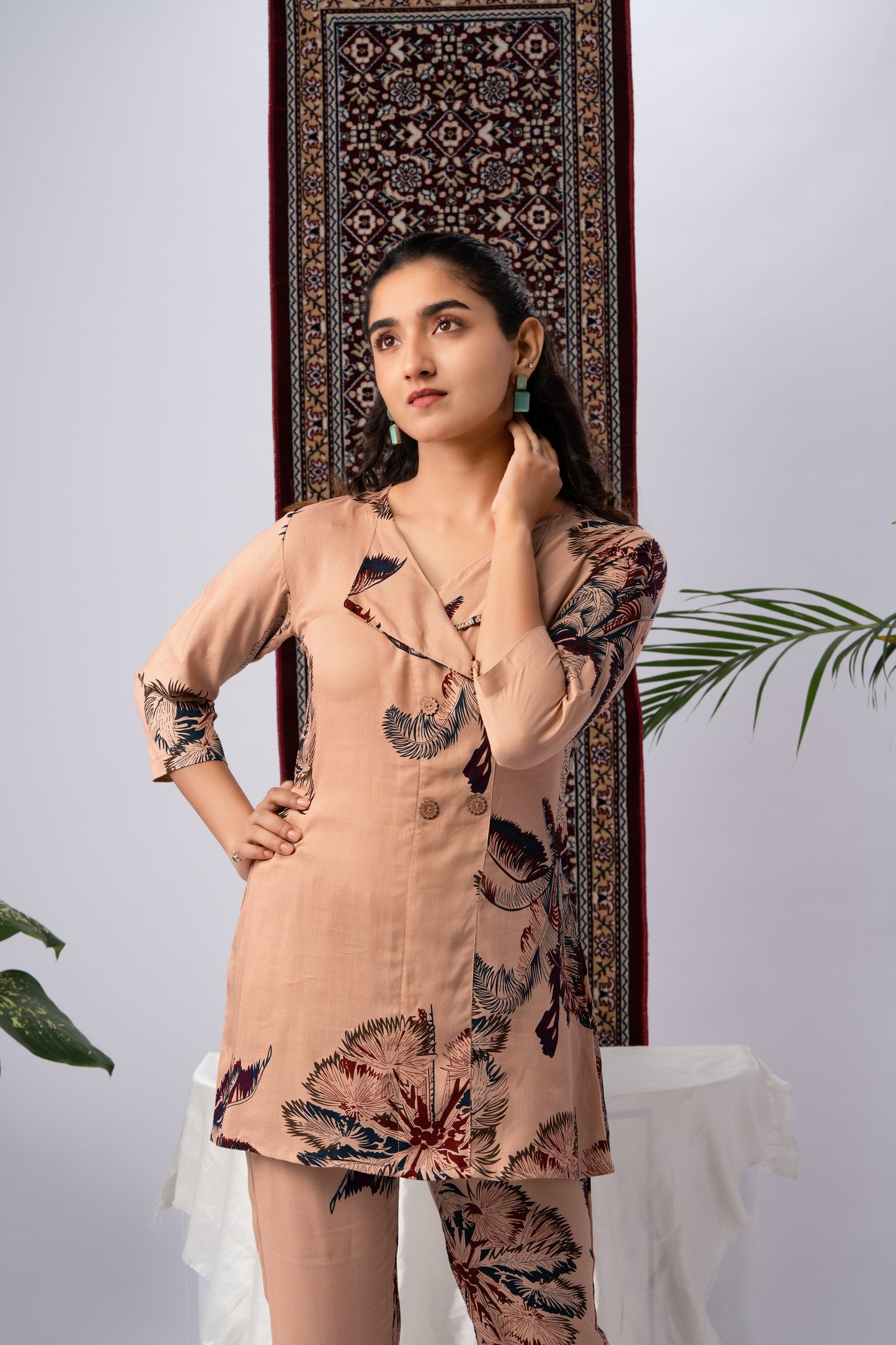 Beige & Maroon Abstract Floral Pure Silk Co-Ord Set