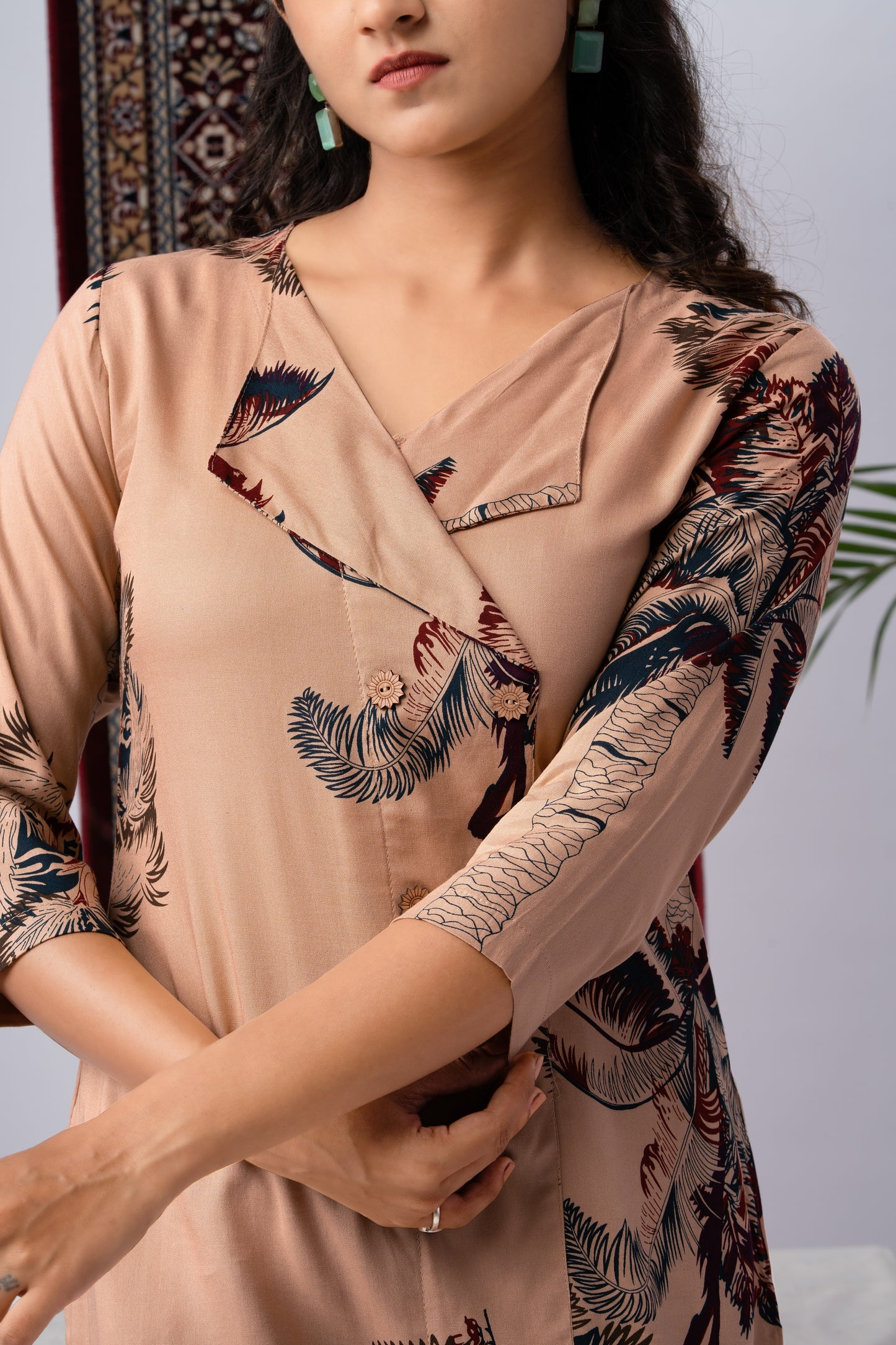 Beige & Maroon Abstract Floral Pure Silk Co-Ord Set