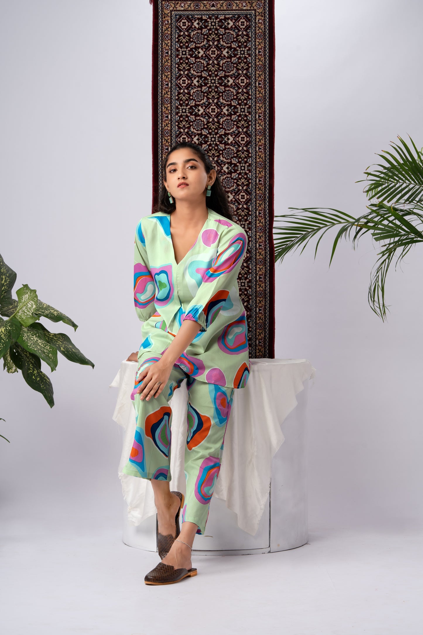 Lime Green Multicolour Abstract Print Silk Blend Co-Ord Set