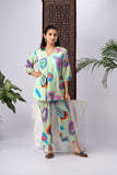 Lime Green Multicolour Abstract Print Silk Blend Co-Ord Set