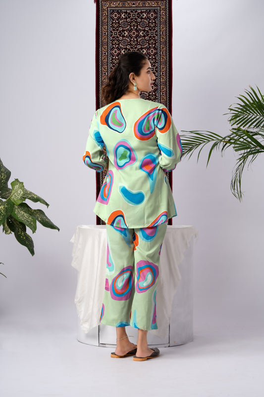 Lime Green Multicolour Abstract Print Silk Blend Co-Ord Set