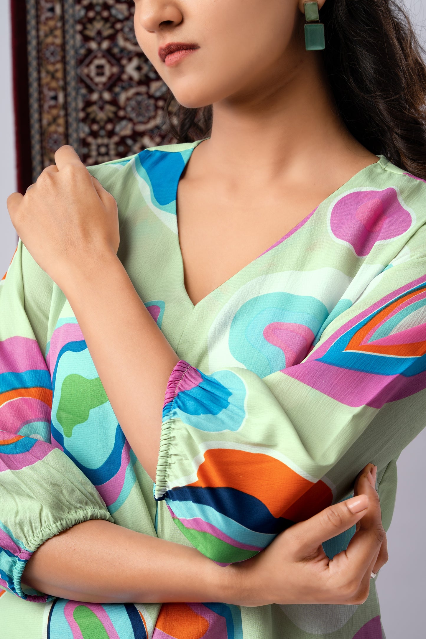 Lime Green Multicolour Abstract Print Silk Blend Co-Ord Set