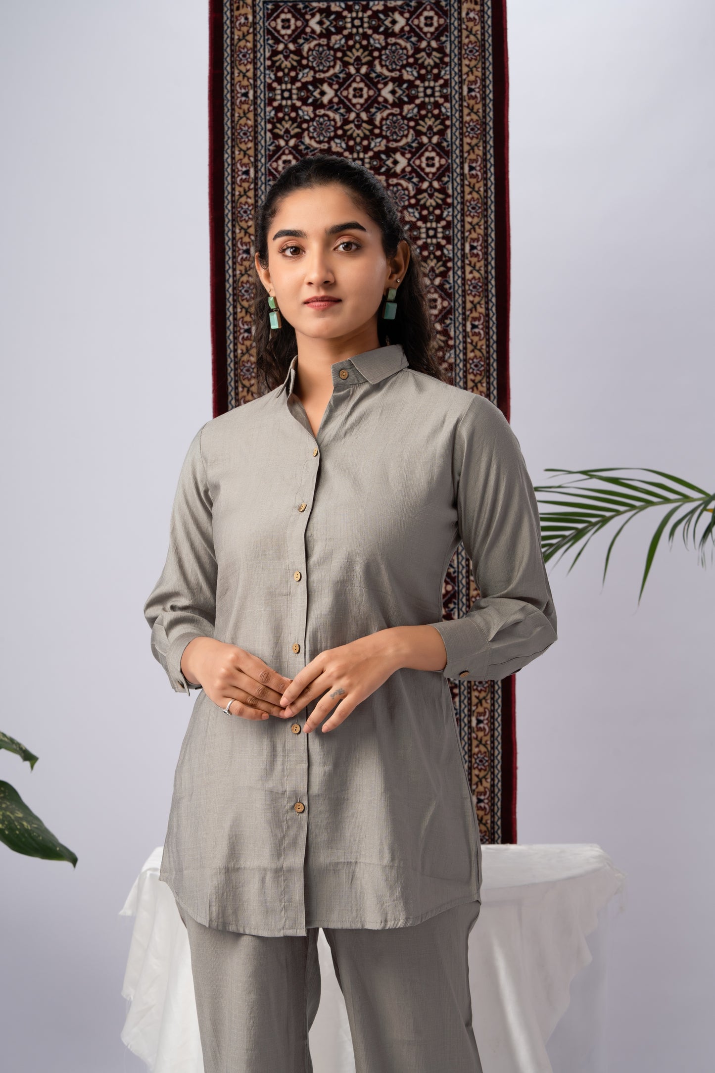 Beige Pure Silk Self Design Co-Ord Set