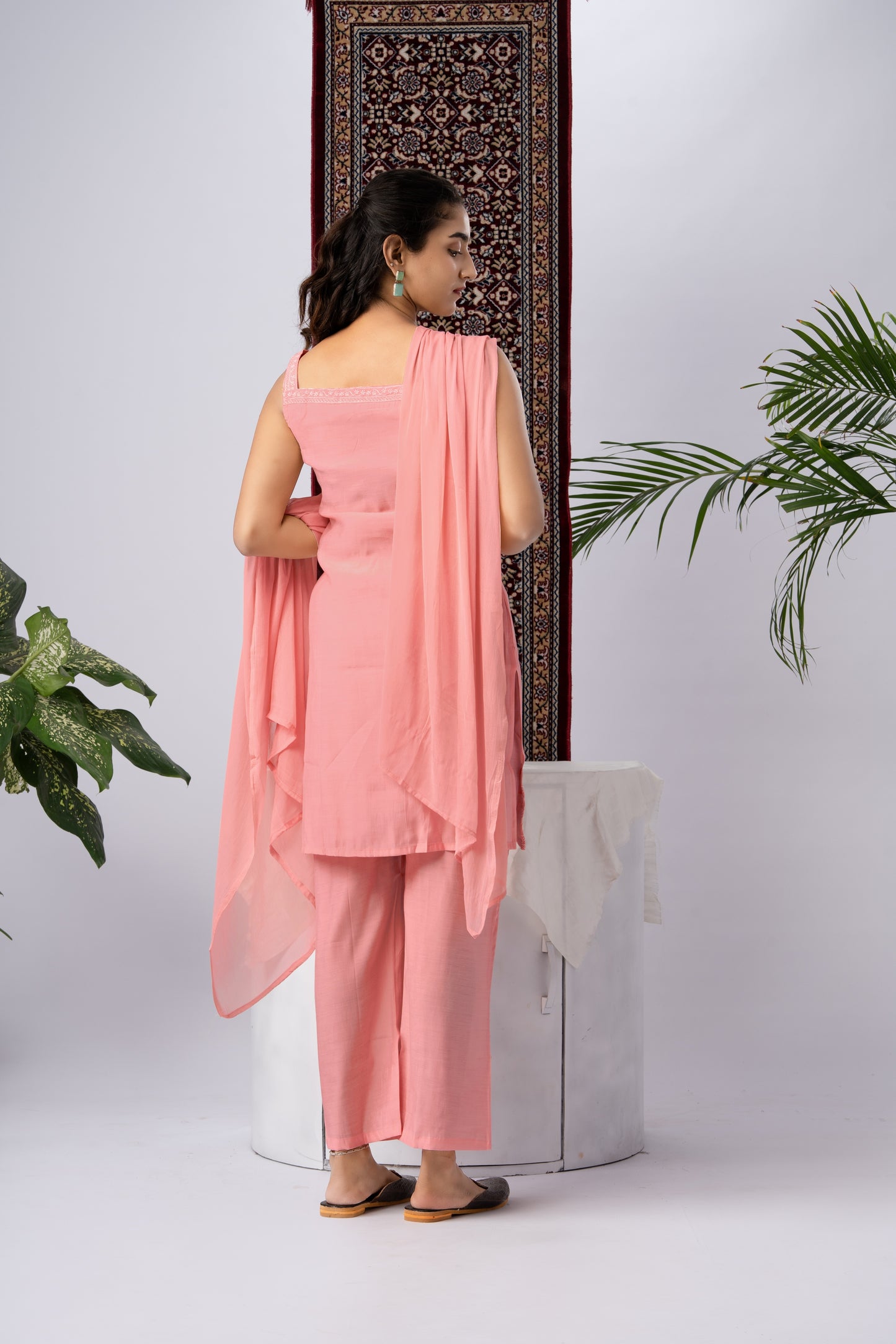Dusty Pink Embroidered Rayon Kurta Set with Dupatta