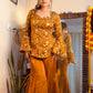 Designer Mustard Embroidered Silk Co-Ord Set with Flared Palazzo Pants