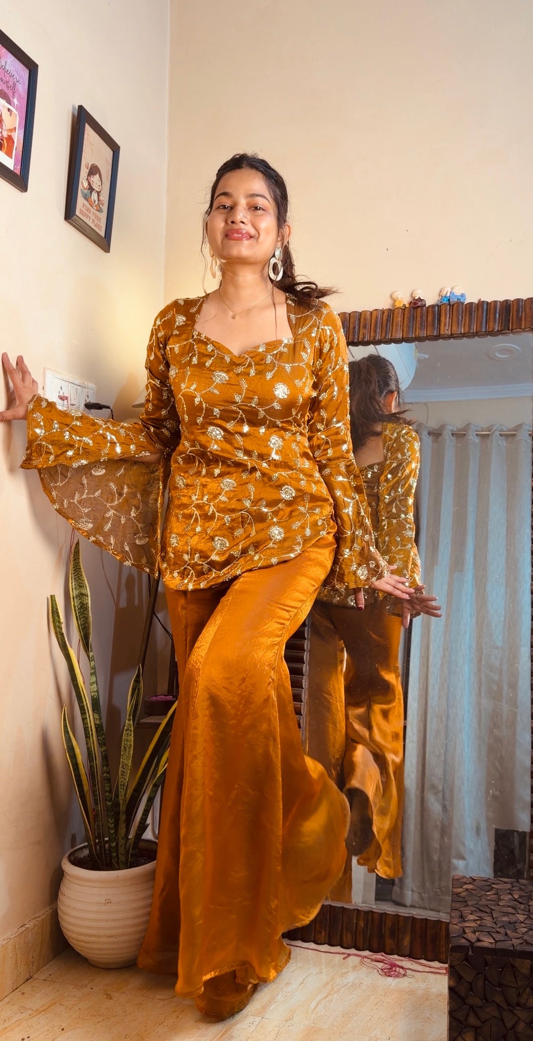 Designer Mustard Embroidered Silk Co-Ord Set with Flared Palazzo Pants