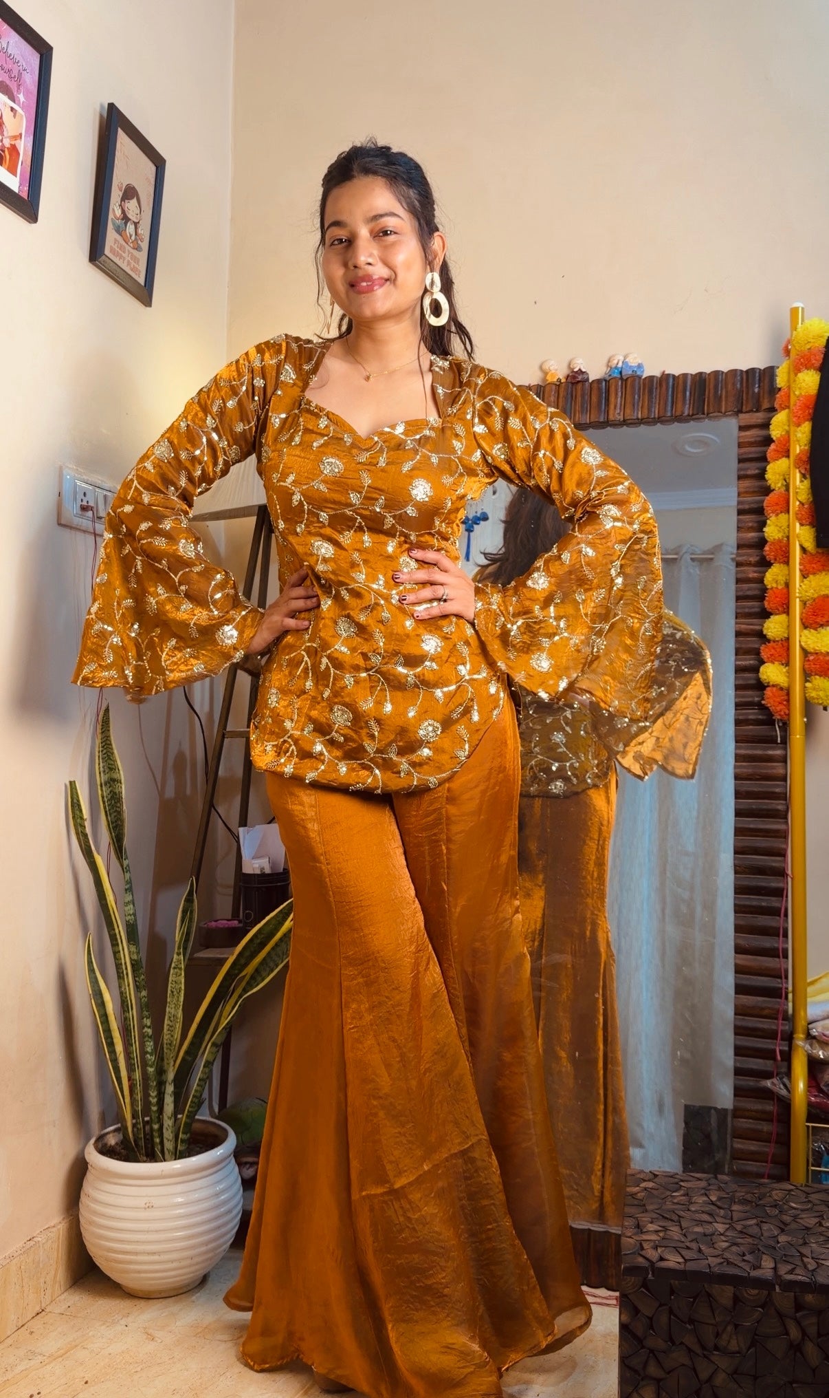 Designer Mustard Embroidered Silk Co-Ord Set with Flared Palazzo Pants