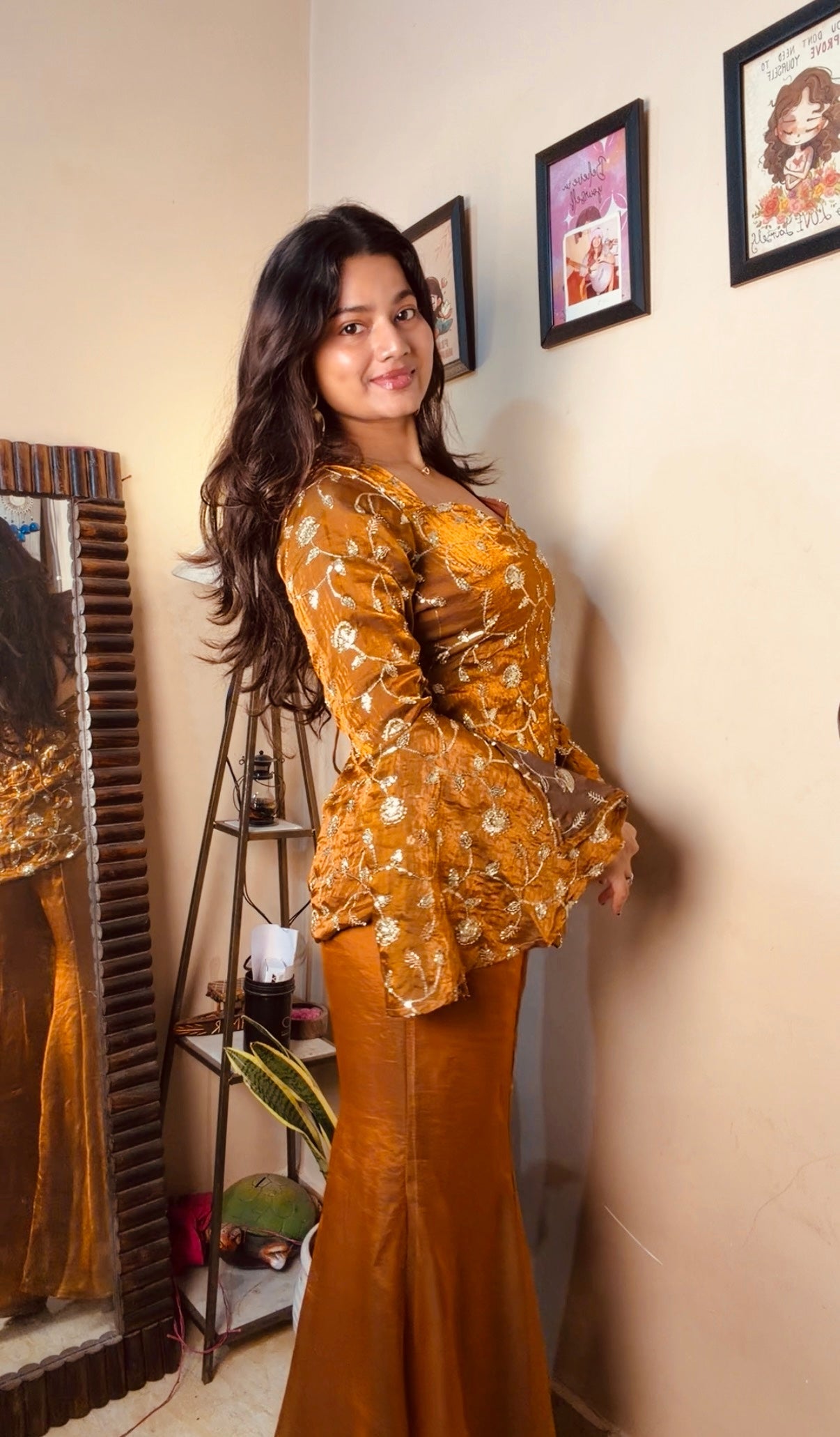 Designer Mustard Embroidered Silk Co-Ord Set with Flared Palazzo Pants