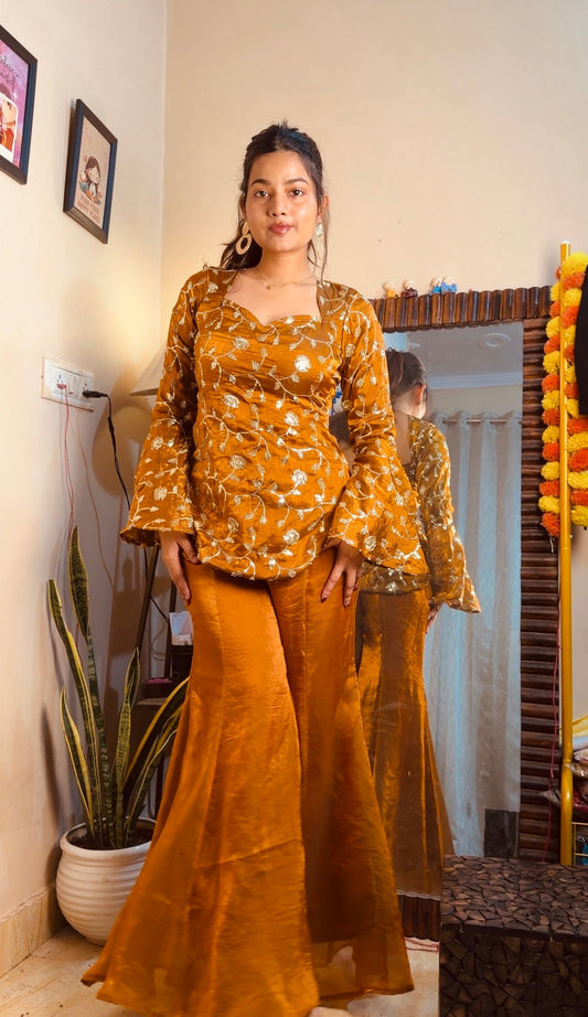 Designer Mustard Embroidered Silk Co-Ord Set with Flared Palazzo Pants