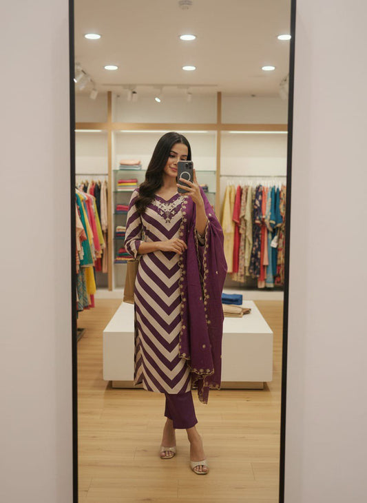 Wine Purple Chanderi Embroidered Kurta Set with Dupatta