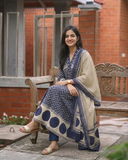 Navy Blue Pure Cotton Printed Kurta Set with Dupatta