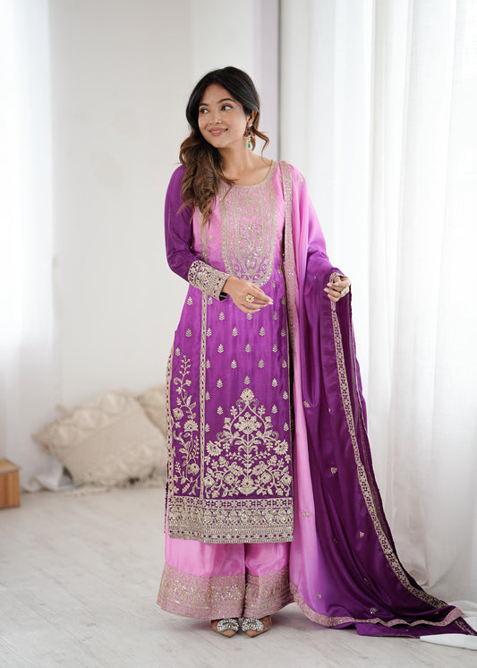 Purple Pink Shaded Chinon Silk Palazzo Suit with Dori Sequence Work & Dupatta