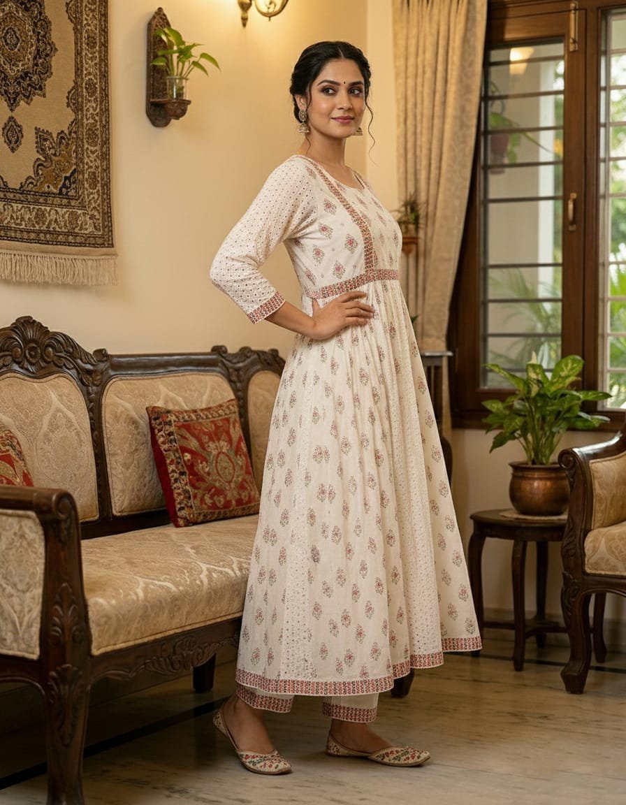 Cotton Chikankari Anarkali Kurta Set with Mirror Work & Malmal Dupatta