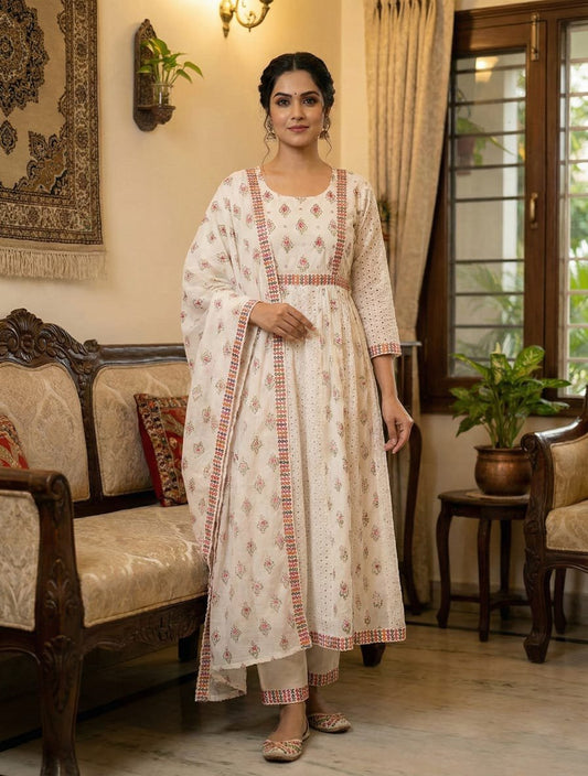 Cotton Chikankari Anarkali Kurta Set with Mirror Work & Malmal Dupatta
