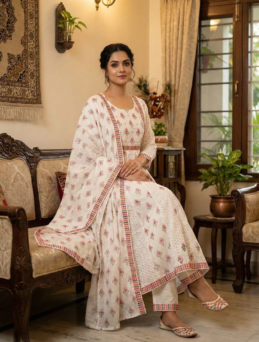 Cotton Chikankari Anarkali Kurta Set with Mirror Work & Malmal Dupatta
