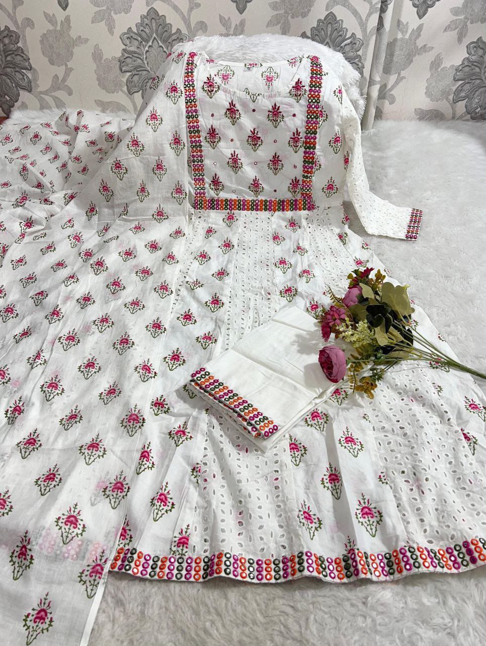 Cotton Chikankari Anarkali Kurta Set with Mirror Work & Malmal Dupatta