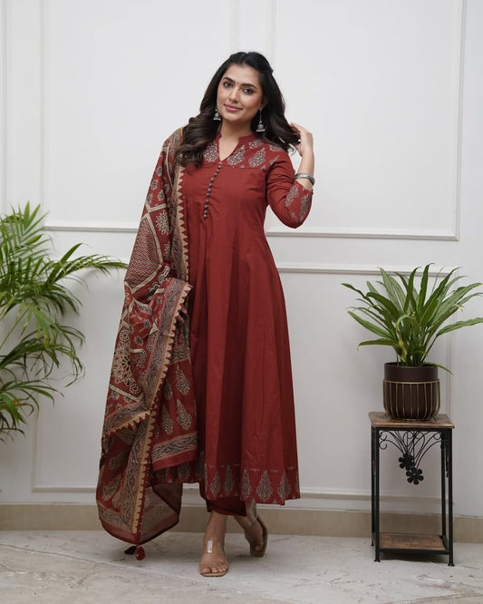 Rust Cotton Anarkali Kurta Set with Printed Dupatta
