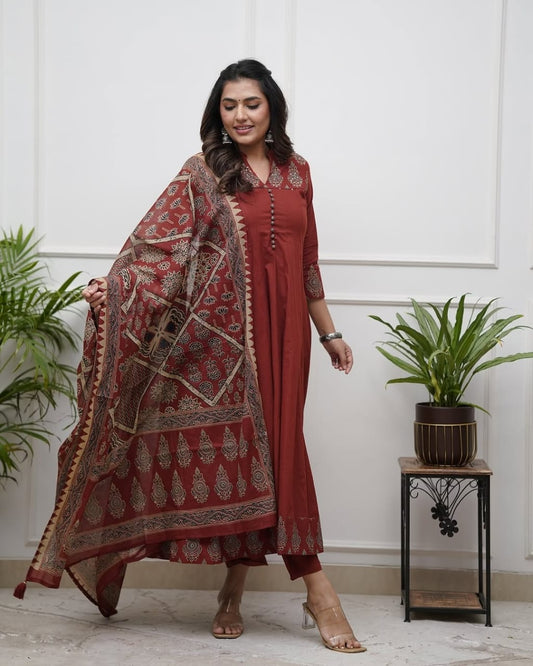 Rust Cotton Anarkali Kurta Set with Printed Dupatta
