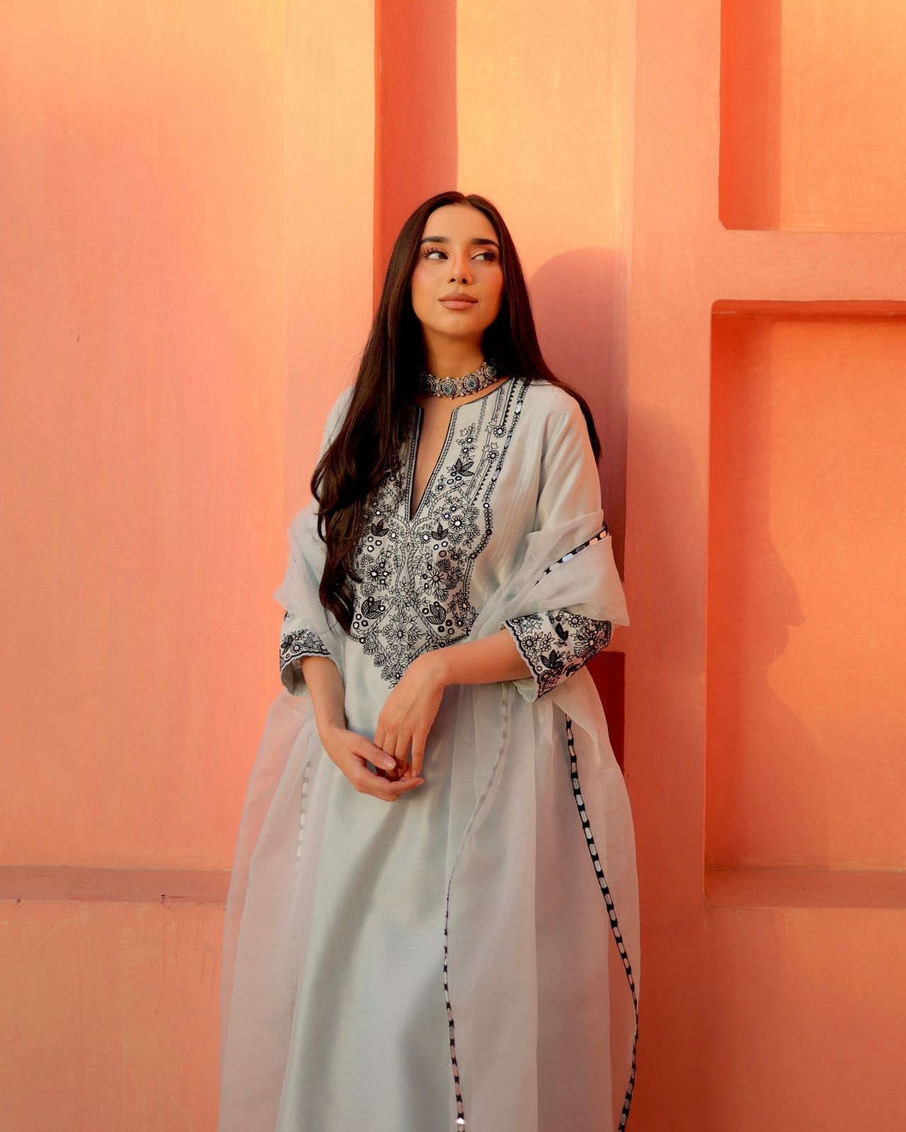 Georgette Embroidered Kurta Set with Foil Work & Dupatta