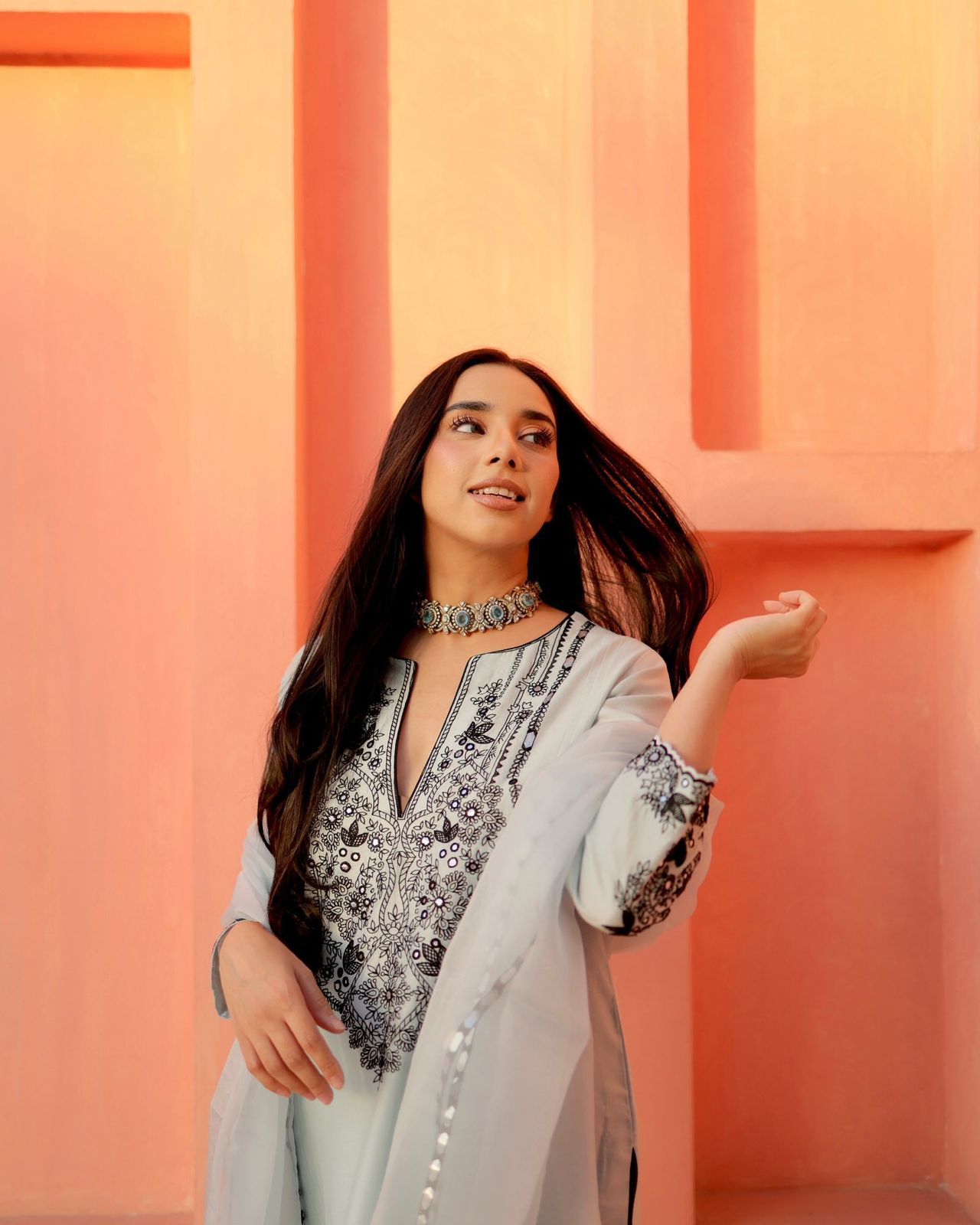 Georgette Embroidered Kurta Set with Foil Work & Dupatta