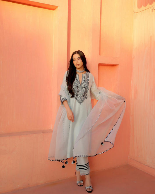 Georgette Embroidered Kurta Set with Foil Work & Dupatta