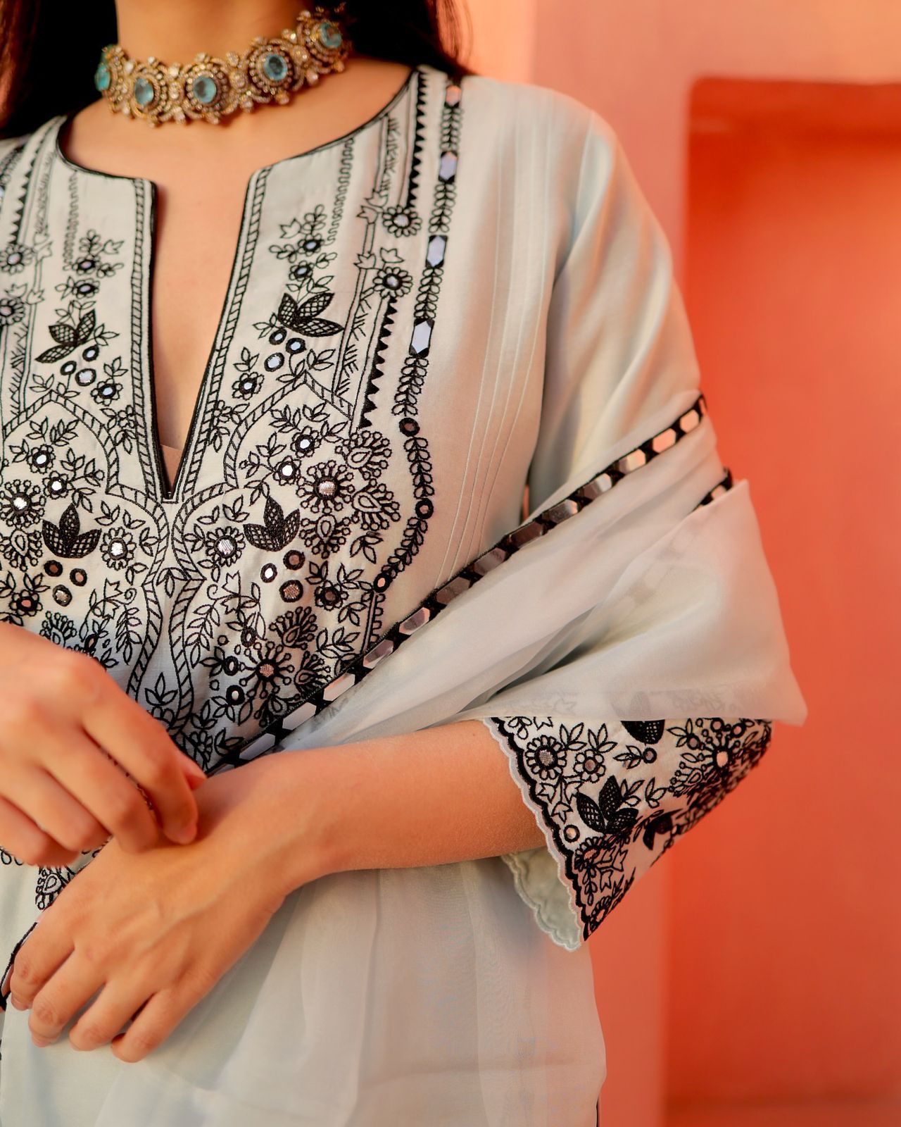Georgette Embroidered Kurta Set with Foil Work & Dupatta
