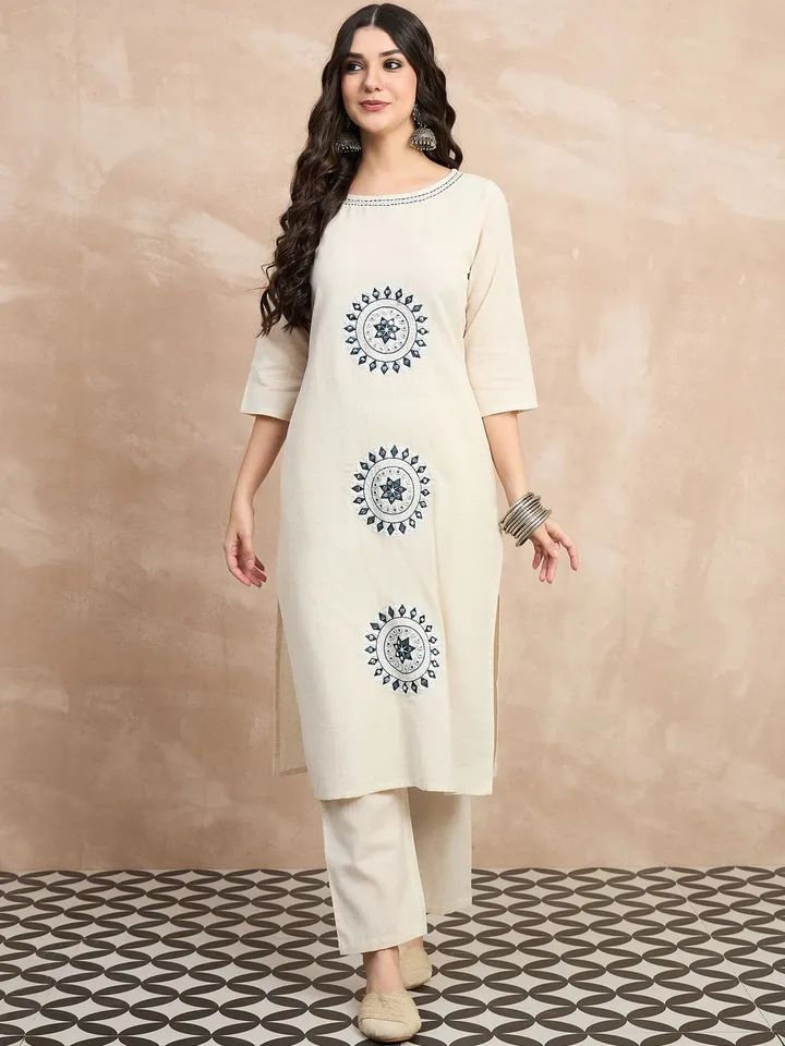Ivory Cotton Flex Embroidered Kurta Set for Women
