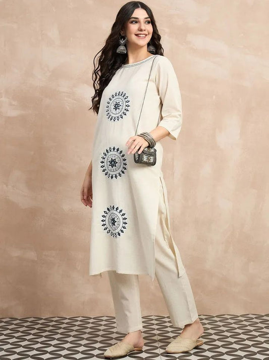 Ivory Cotton Flex Embroidered Kurta Set for Women