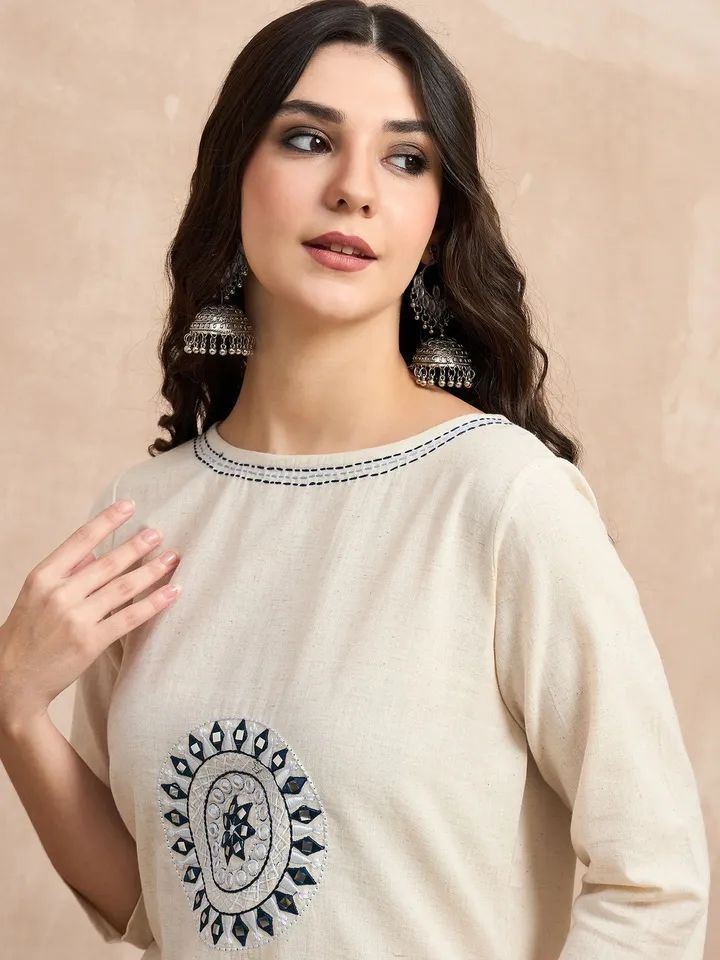 Ivory Cotton Flex Embroidered Kurta Set for Women