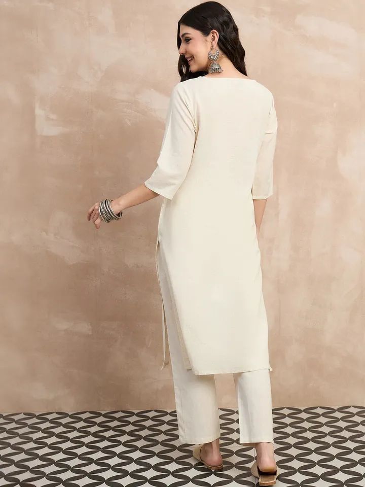 Ivory Cotton Flex Embroidered Kurta Set for Women