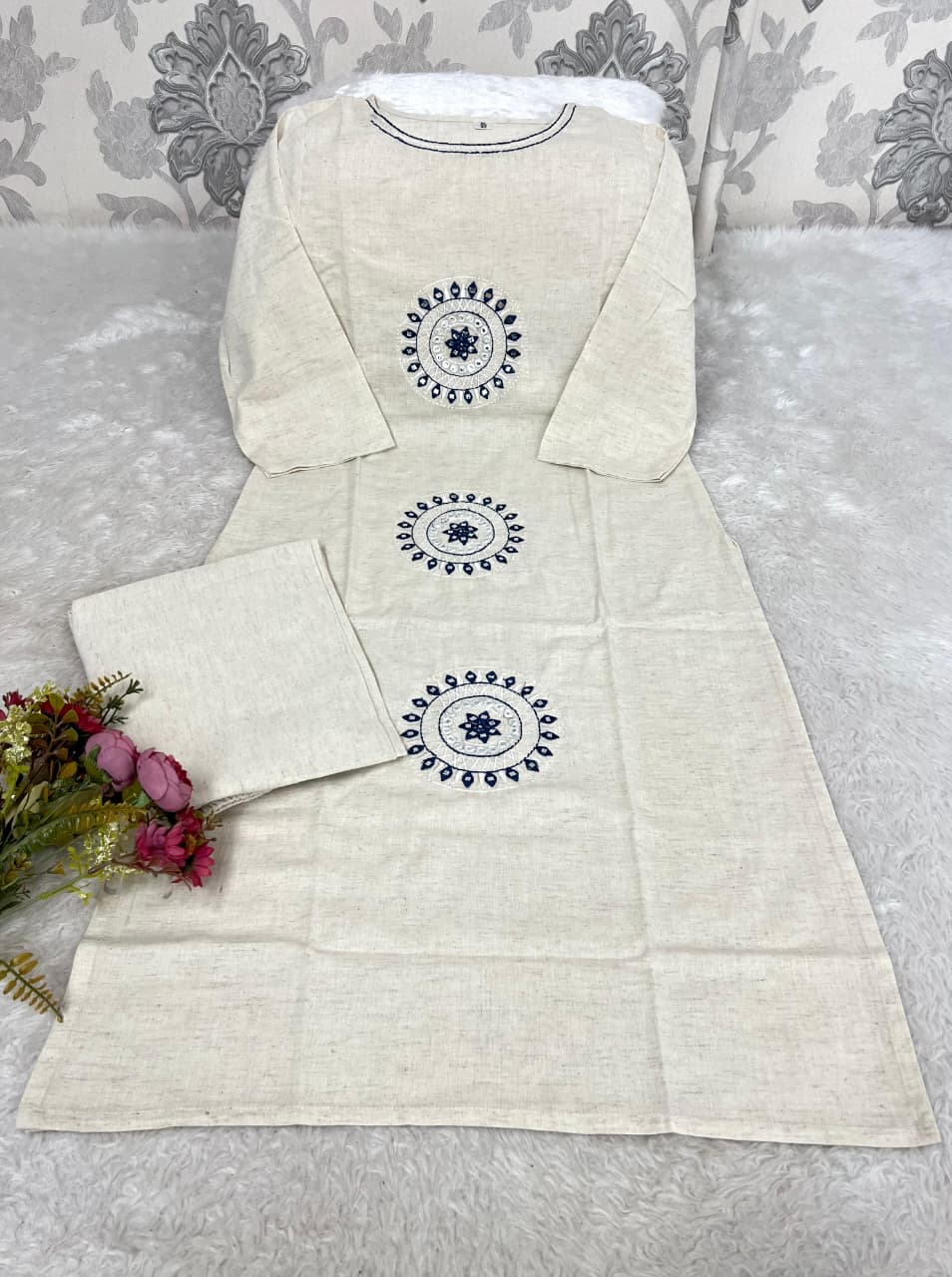 Ivory Cotton Flex Embroidered Kurta Set for Women