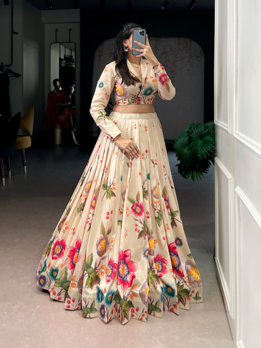 Floral Printed Tasar Silk Co-Ord Lehenga Set with Crop Blouse