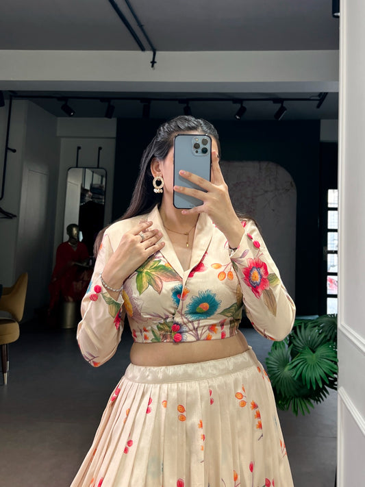 Floral Printed Tasar Silk Co-Ord Lehenga Set with Crop Blouse