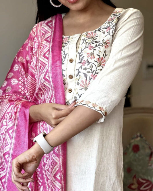 Handloom Khadi Cotton Embroidered Kurta Set with Khadi Silk Dupatta