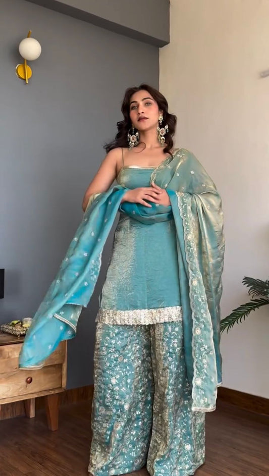 Sea Green Fendy Silk Palazzo Suit with Thread Sequence Work & Dupatta