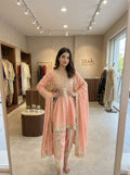 Peach Chanderi Mirror Work Kurta Set with Tulip Dhoti & Dupatta