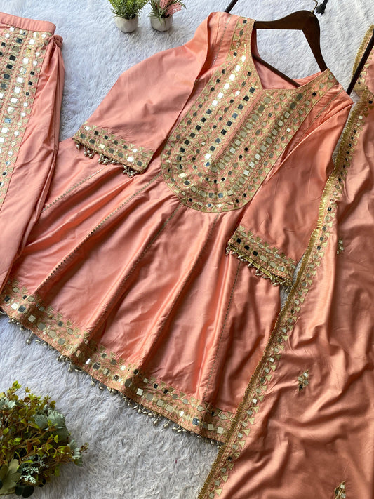 Peach Chanderi Mirror Work Kurta Set with Tulip Dhoti & Dupatta