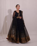 Black Butterfly Net Anarkali Suit with Thread Sequence Work & Dupatta