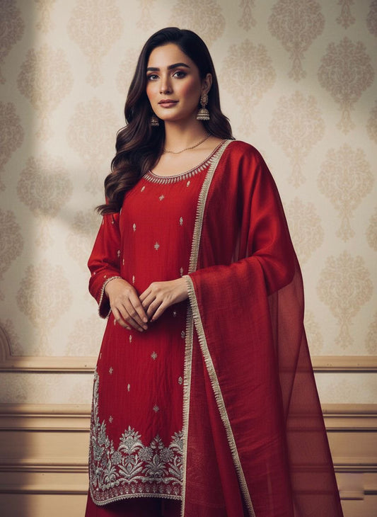 Red Fendy Sequin Embroidery Kurta Palazzo Set with Dupatta for Women