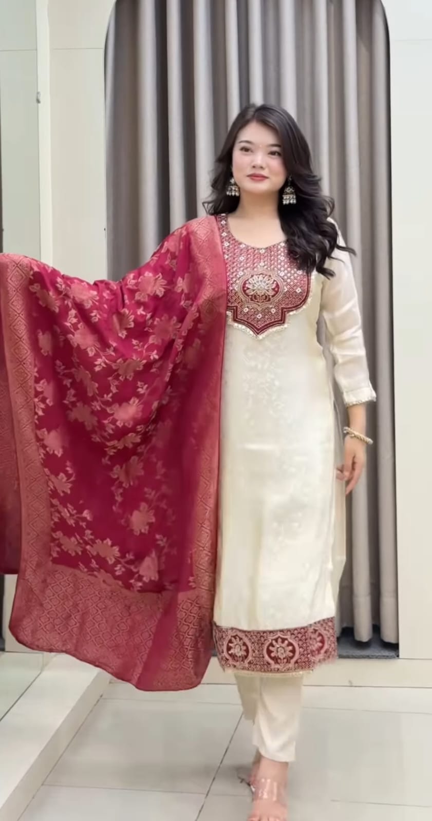 Pure Banarasi Jacquard Kurta Set with Embroidered Neck & Banarasi Dupatta