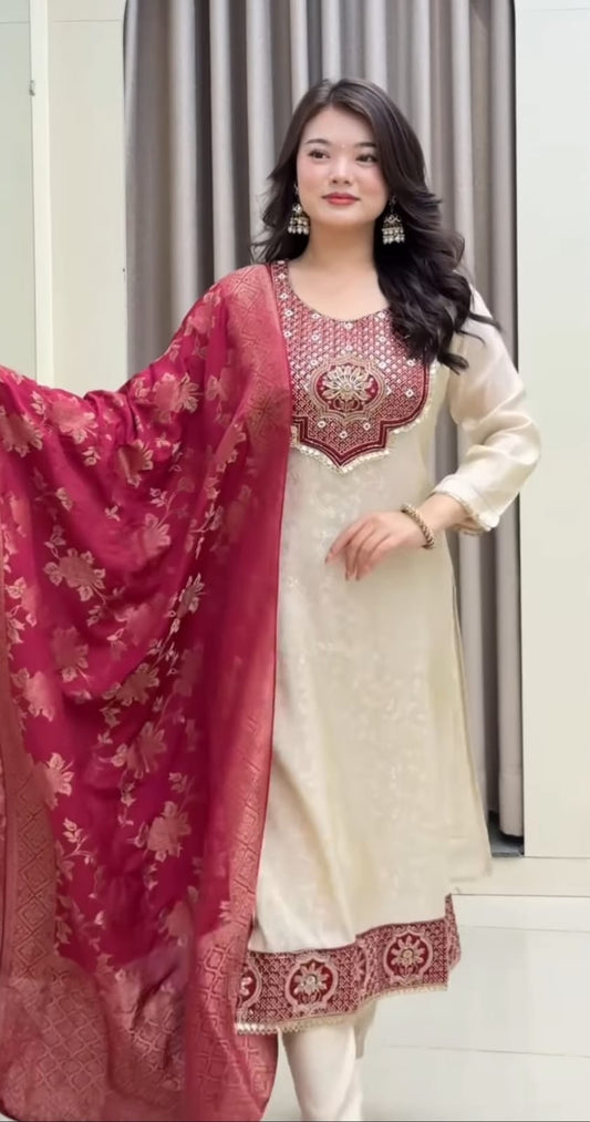 Pure Banarasi Jacquard Kurta Set with Embroidered Neck & Banarasi Dupatta